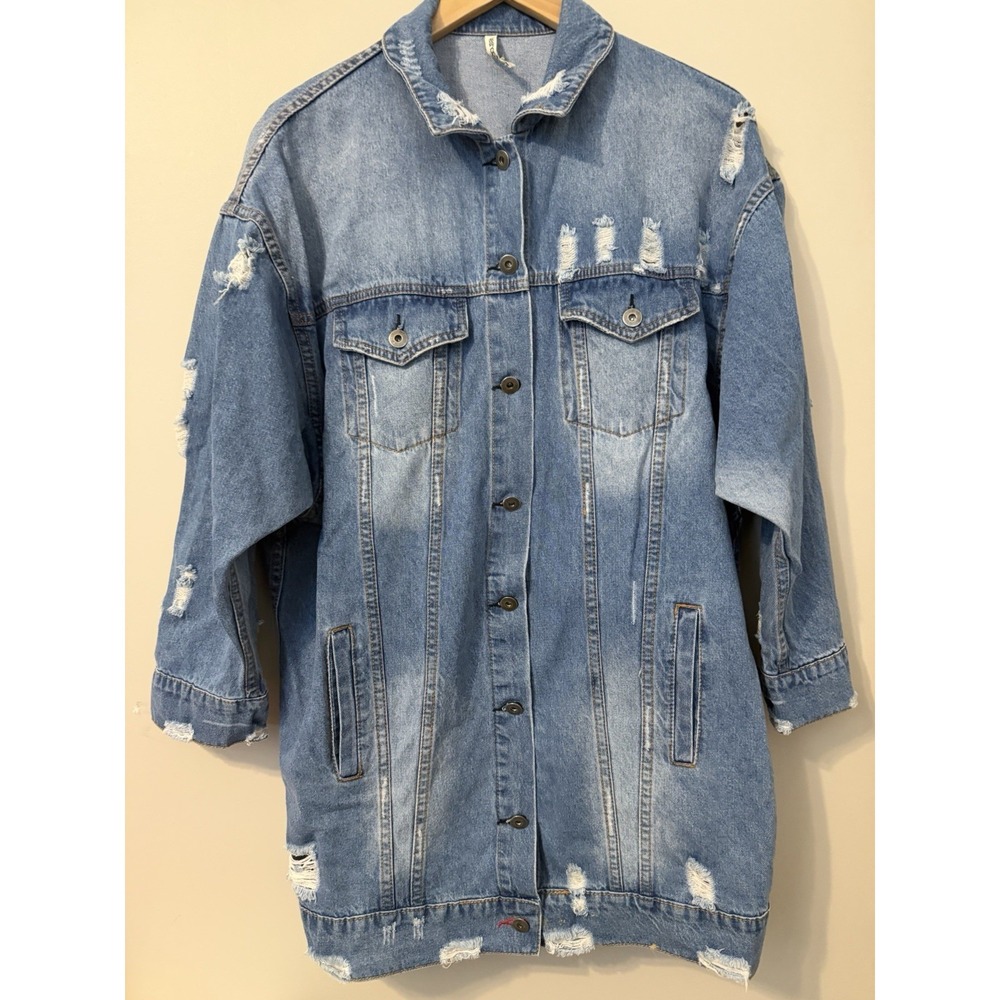 Leshop Denim Jean Jacket Womens Large Longline Distressed Wash Torn Oversize